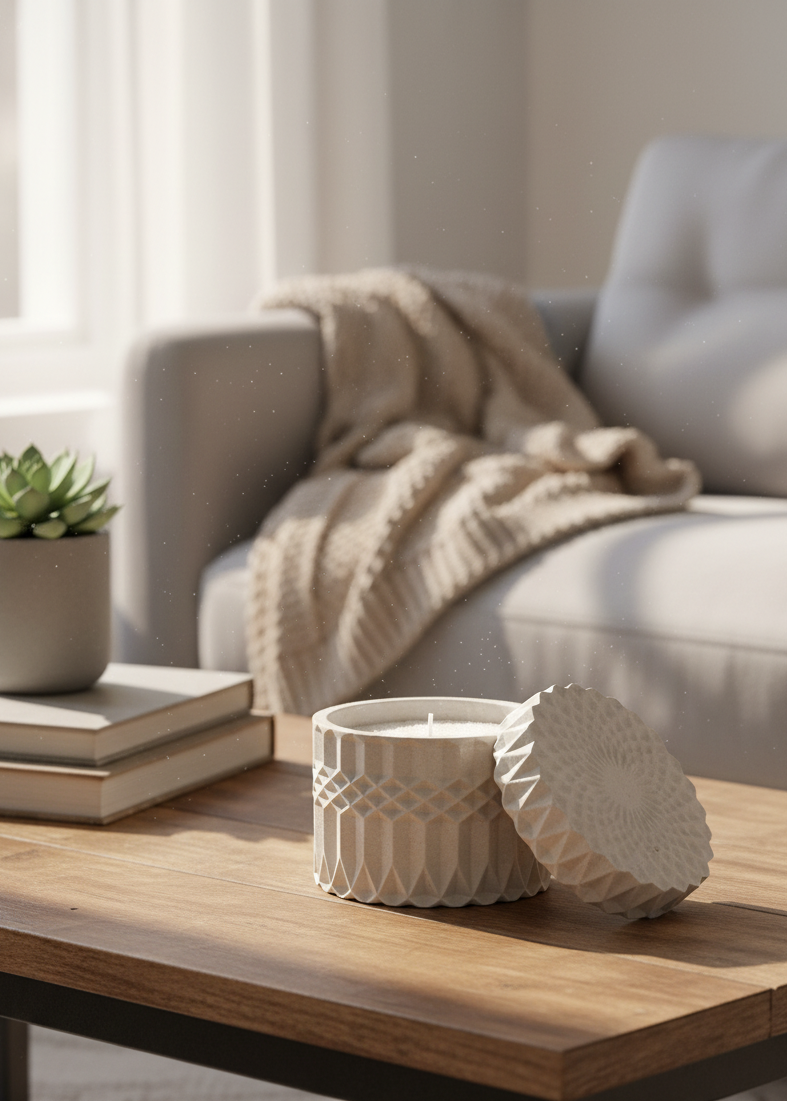 Recipiente mediano redondo con textura geométrica con tapa