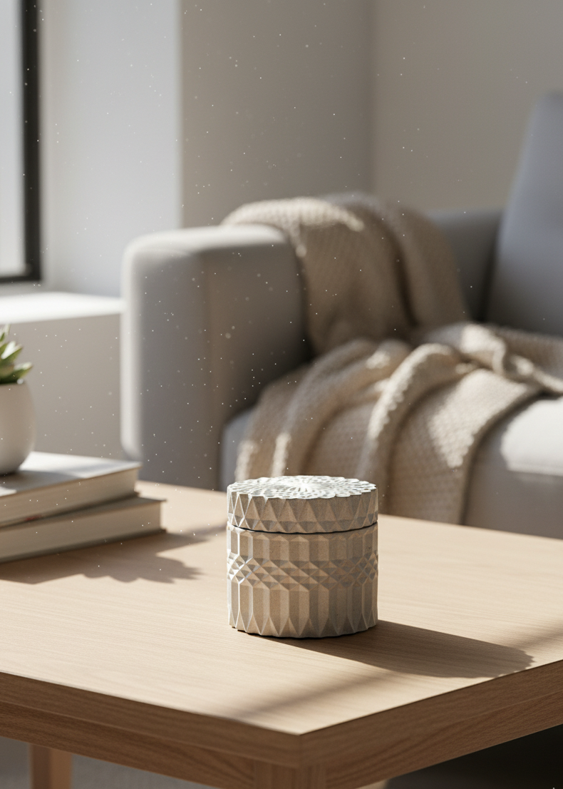 Recipiente mediano redondo con textura geométrica con tapa