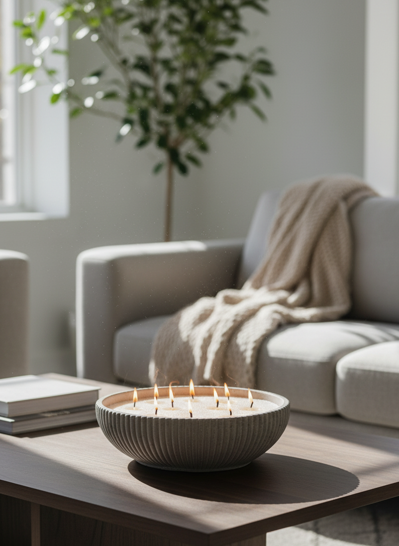 Bowl redondo grande de concreto con diseño geométrico