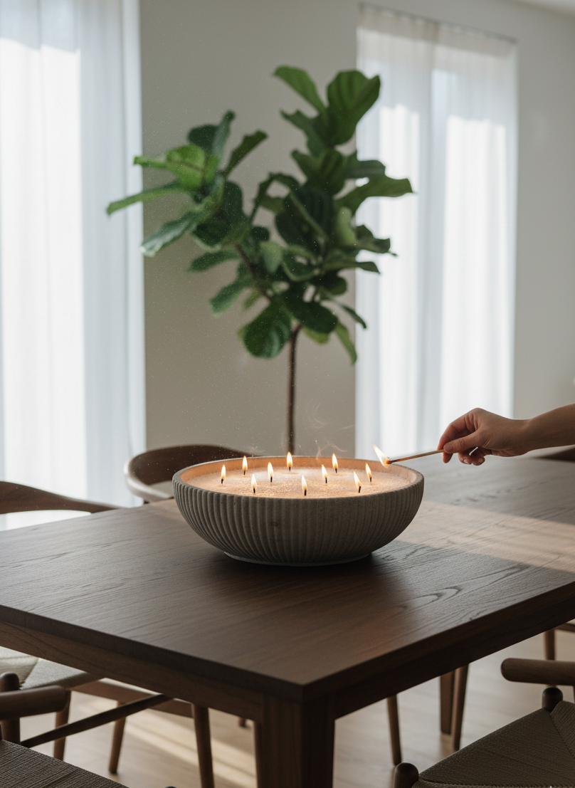 Bowl redondo grande de concreto con diseño geométrico