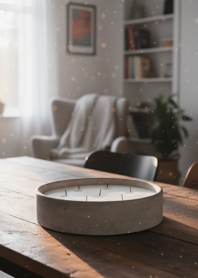 Recipiente redondo grande de concreto con diseño liso